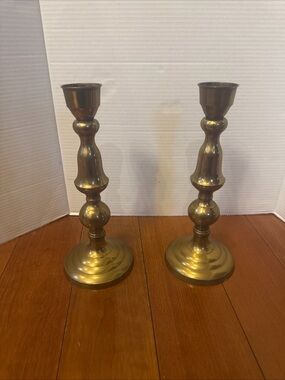 VTG pair Solid Brass Columnar 12” Tall Candlestick Holders India Natural Patina
